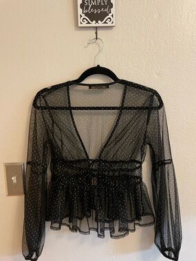 HESPERUS •Black Sheer Polka-Dot Peplum Blouse